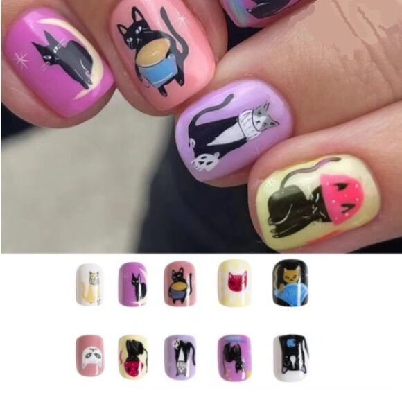 24 Pc Short Round Cats Cartoon False Artificial Press Glue On Nail - Picture 3 of 7